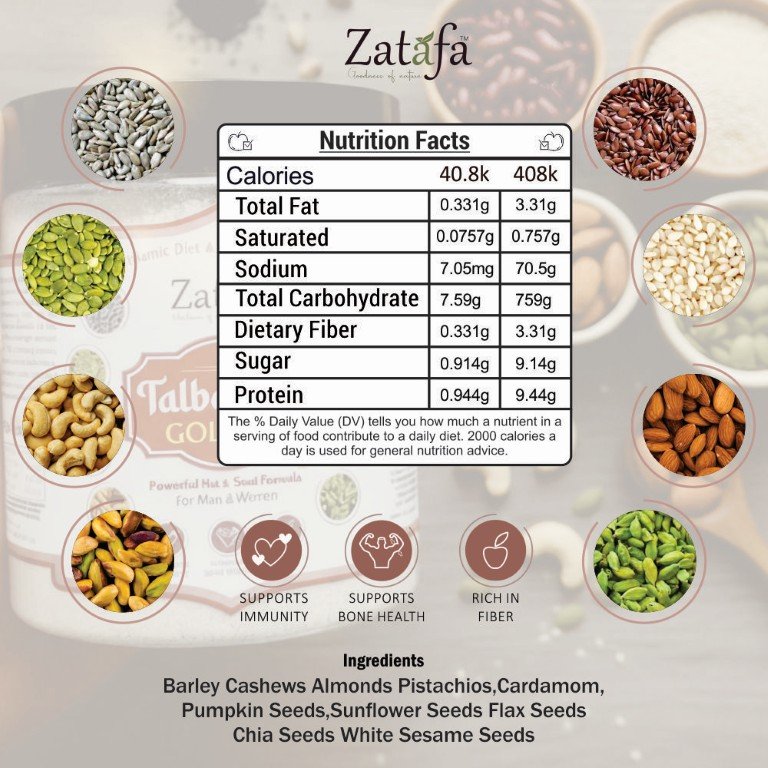 ZATAFA Talbina Gold | Dry Fruits & Seeds Mix | Healthy Breakfast Cereal | Barley Dry Fruits Mix | Talbina/Talbeena Sunnah Food | Nutrient-Rich, Natural & Delicious Breakfast Option - 300gm - Image 3