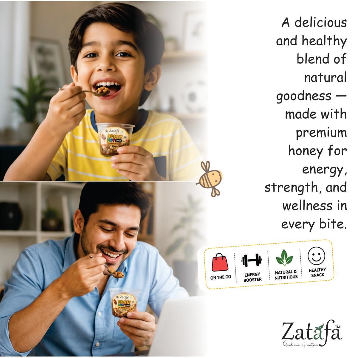 Click to see full view ZATAFA Honey Nut Shot | Honey Mixed Dry Fruits & Seeds | Cashew, Almond, Walnut, Raisins, Pumpkin Seeds & Sunflower Seeds | Kids Tiffin Friendly | Healthy Snack | 25g x Pack of 24 - Image 4