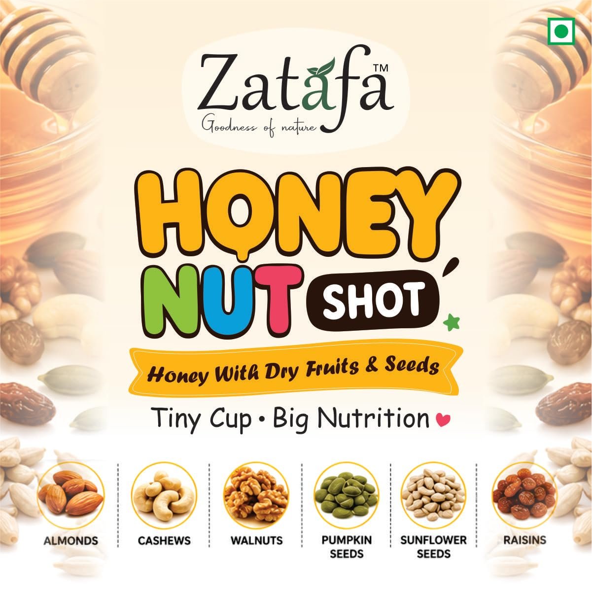 Click to see full view ZATAFA Honey Nut Shot | Honey Mixed Dry Fruits & Seeds | Cashew, Almond, Walnut, Raisins, Pumpkin Seeds & Sunflower Seeds | Kids Tiffin Friendly | Healthy Snack | 25g x Pack of 24 - Image 2