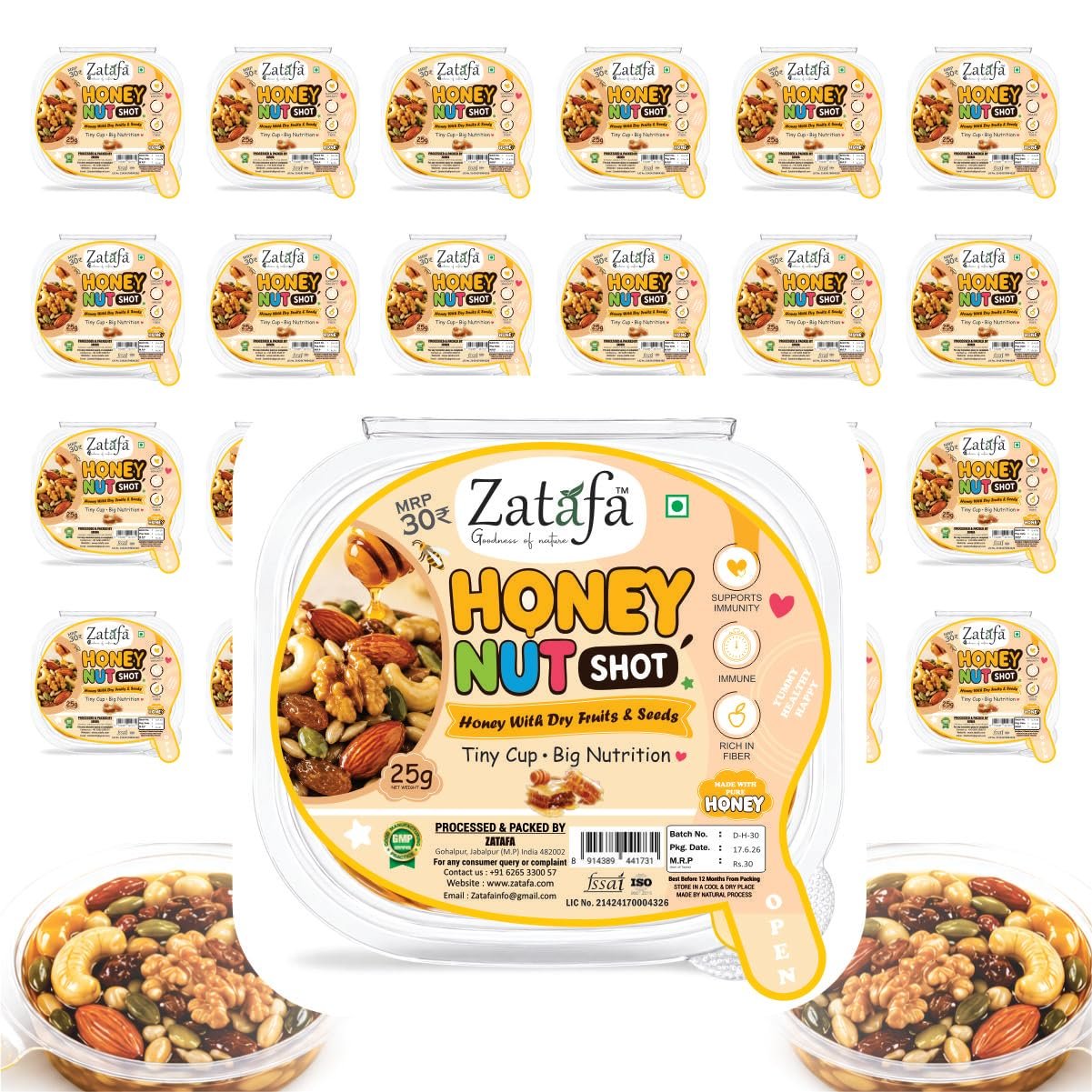 Click to see full view ZATAFA Honey Nut Shot | Honey Mixed Dry Fruits & Seeds | Cashew, Almond, Walnut, Raisins, Pumpkin Seeds & Sunflower Seeds | Kids Tiffin Friendly | Healthy Snack | 25g x Pack of 24