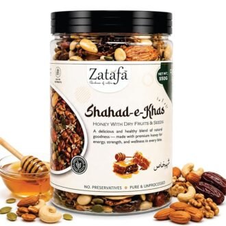 ZATAFA Shahad-e-Khaas | Pure Honey with Premium Dry Fruits & Seeds | Cashew, Almond, Pistachio, Walnut, Fig, Pumpkin Seeds, Sunflower Seeds & Watermelon Seeds | Ready To Eat Dry Fruit Honey Mix | 550g